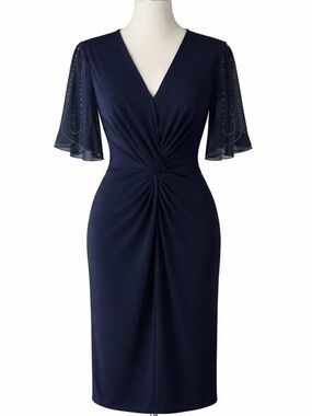 Joseph Ribkoff Dress Beaded Butterfly Shear Sleeves Navy Size 8 Elegant Chic